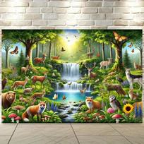 2D Fairytale Forest Animal Tapestry - Vibrant Waterfall & Wildlife Landscape Backdrop for Home Wall Decor 47.2x31.5inch/120*80cm beige