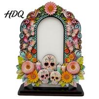 Colorful Sugar Skull Frames Dia De Los Muertos Wooden Photo Frame Tabletop Decor Day of The Dead Boc Memorial Picture Holder for Altar Themed A black