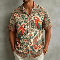 Summer Essential! Tropical Parrot Floral Short Sleeve Casual Shirt S raudona