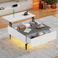 70*70*35cm Height-Adjustable Coffee Table with Hidden Storage, White High-Gloss Living Room Table, Desk with LED, Sofa Table with Drawers 70 x 70 x 35 cm balta