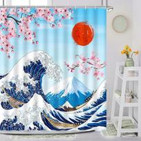 Japoniška dušo užuolaida, Jūros bangos vyšnių žiedai raudona saulė anime kimono moteris Fudži kalno kraštovaizdis rašalinis gervės paukštis vonios dekoras W90XH180cm white