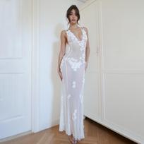 White Floral Appliqué Deep V Sling Dress Small balta