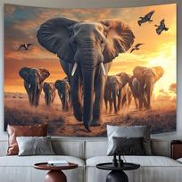 Majestic Elephant Migration Wall Tapestry - Large Polyester Art with Sunset Savanna Scene, Perfect for Living Room, Bedroom 100X70CM black