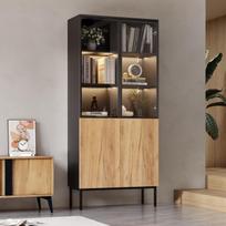 Stiklinėmis durelėmis vitrina, 180 cm aukščio spintelė su LED apšvietimu, knygų lentyna, 5 pakopų stiklinė vitrina kolekcionuojamiems daiktams, biurui, juoda/ąžuolo 74 x 31 x 180 cm
