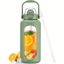 64oz Stikliniai vandens buteliai su šiaudeliu ir dangteliu Pusės galono vandens butelis su laiko žyma Neperšlampami stikliniai vandens buteliai su silikonine rankove 64oz gray