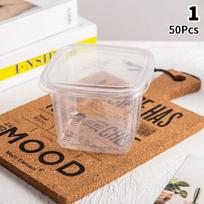 50 vnt. Plastikiniai desertų puodeliai su dangteliais 400 ml Daugkartinis keksiukų indelis Skaidrus kvadratinis vieno desertinio pyrago dėžutė Sandari putėsių torto dėžutė beige