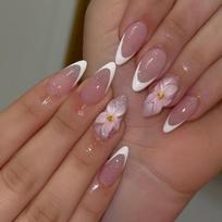 24Pcs White French Almond Press On Nails Mid Length Round Tip With 3D Flower Design Full Cover Fake Nail Tips gray