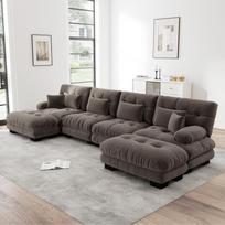 Modulinė kampinė sofa, U formos svetainės sofos komplektas, 4 vietų patogios „Cloud“ sofos su kilnojamu pufiku, „pasidaryk pats“ derinys, veliūras, ruda 406 x 145 x 81 cm ruda