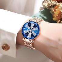 Moteriškas vandeniui atsparus „Ocean Heart“ daugialypio stiklo laikrodis su nerūdijančio plieno apyranke - Mėlynas žvaigždėtas dangus dizainas Green Leather-Rose Gold-Champagne Glass-Green Dial blue