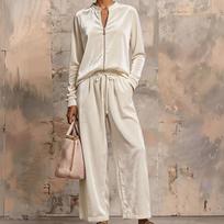 Women's Velour Hoodie and Wide Leg Pants Set High Waist Flowy Suit with Draping Fabric L smėlis