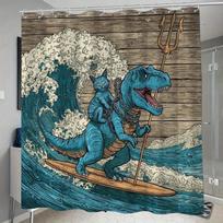 Fantasy Dinosaur Surfing Shower Curtain – Illustrated T-Rex & Cat On Wave, Trident, 12 Hooks, 70.87×70.87  Waterproof Bath Decor W60H190(CM)-1 Pcs beige