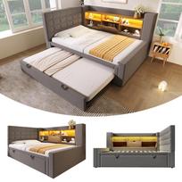 Apmušta lova 90x200 cm su ištraukiama lova 90x190, LED apšvietimas, L formos galvūgalis, montuojama, grotelės, linas, pilka (be čiužinio) 214 x 107 x 88 cm pilka