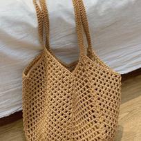 Lazy Style Tote Beach Shoulder Bag - Handwoven Straw Large Capacity Vacation Woven Hollow Bag chaki