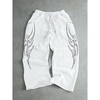 Oversized White Pants with Black Dragon Tribal Design Urban Fashion S gray
