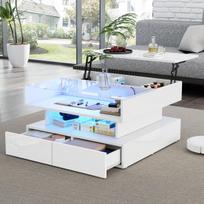 80*80*45cm Aukščio reguliuojamas kavos staliukas su paslėpta daiktadėže ir 2 stalčiais, LED apšvietimas, Blizgus, Pagamintas iš grūdinto stiklo, Baltas 80 x 80 x 45 cm balta