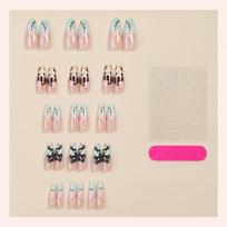 Blue Black Leather Kitty Dopamine Y2k Hot Girl Long Oval Handmade Wearable Nails Summer Cute Whitening Manicure 30 pieces/box beige