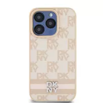 DKNY PU Leather Checkered and Stripe Case for iPhone 14 Pro, Pink