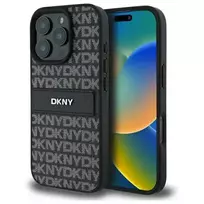 DKNY DKHCP16XPRTHSLK iPhone 16 Pro Max 6.9" black hardcase with a tonal stripe texture pattern