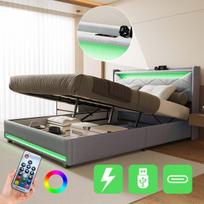 Dvigulė lova su daiktadėže 160x200cm su LED ir USB, hidraulinė daiktadėžė, apmušta lova su grotelių pagrindu, pilka