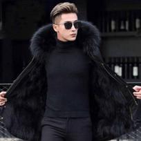 Didelė kailinė pūkinė striukė Vyriška stora medvilninė žieminė striukė Įprasti viršutiniai drabužiai su gobtuvu Kailinė striukė Parka 2XL juoda
