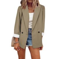 Long Sleeve Big Pockets Single Button Office Blazer Fashion Solid Color Lapel Office Suit Jacket Workwear M chaki