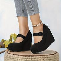 Pavasariniai Rudeniniai Moteriški Suede Pleišto Kulno Batai Apvaliu Pirštu Retro Storio Padu Platforma Aukštakulniai Didelio Dydžio Moteriški Batai 41 black