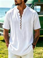 Men's White Crinkled Cotton Short Sleeve Mandarin Collar Henley with Wood Buttons - Summer Vacation Top XL balta