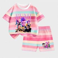 KPop Demonų medžiotojai Vaikų trumpomis rankovėmis šortų rinkinys Mada Vasara Vaikų drabužiai Berniukui Kūdikiui Medvilniniai marškinėliai Kelnės Aprangos Mergaitės Sportiniai kostiumai 5-6Y pink