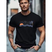 Europos dydžiai Surf stiliaus Vintažiniai Slim Fit marškinėliai vyrams, Amerikietiško laisvalaikio stiliaus viršutinė dalis, Baltas pagrindas su saulėlydžio ir vandenyno bangos logotipu, Trumpomis rankovėmis S juoda