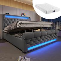Moderni minkšta dvigulė lova 140x200cm su LED apšvietimu, galvūgalis su laikymo vieta ir USB/Type-C jungtimis, hidraulinė lova su laikymo funkcija, pilka, aksominė (Su čiužiniu) 220 x 146 x 110 cm pilka