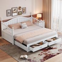 Išskleidžiama sofa-lova 90/180*190 cm, su romėniškais stulpeliais, lenkta atlošo ir porankių dalimi, stalčiais ir groteliniu pagrindu, pušies mediena, balta 197 x 97 x 95 cm balta