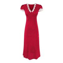 French retro red polka dot print waist short-sleeved lace V-neck waist dress women's vacation style long skirt L raudona