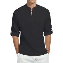 Spring Summer Long Sleeve Cotton Linen Shirt for Men Solid Color Henley Neck Lightweight Breathable Shirts Button Tees S juoda