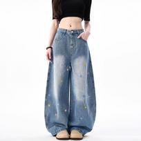 Womens High Waist Star Embroidered Wide Leg Jeans Y2K Baggy Denim Trousers Streetwear XS mėlyna