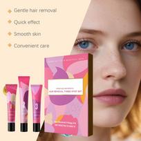 Hair Removal Cream Facial Set Three Step System for Women Gentle Cleansing Soft Skin Smoothing Moisturizing At Home DIY one size beige