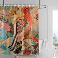 Tropical Birds Bath Curtain - Vibrant Orange & Yellow Gradient, Botanical Patterns, Artistic & Modern Bathroom Decor 90x180cm beige