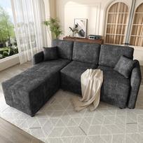 L formos kampinė sofa 3 vietų, poilsio paviršius 144cm, veliūro apmušalas, didelio tankio putų užpildas, iki 150 kg, 2 pagalvės, butui ir studentų bendrabučiui 187.5 x 144 x 85.5 cm juoda