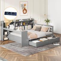 Sofa lova iš masyvmedžio, 140*200 cm, Su stalu, knygų lentyna, laikymo skyriais ir lentynomis, Su rozete, Daugiafunkcionalė dvigulė medinė lova, Pilka 245.5 x 165 x 100 cm pilka