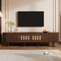 180*40*40cm Ovalus TV staliukas tamsaus riešuto spalvos, rotango dizainas, MDF, 30 kg keliamoji galia, du stalčiai, ritininės durys. Žemas spintelė, Svetainės spintelė 180 x 40 x 40 cm