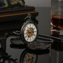 Hand Wind Mechanical Men Pocket Watch Skeleton Dial Steampunk Necklace Pendant Vintage Dress Fob Watches for Weeding Gift black