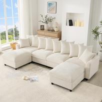 Modulinė U/L formos sofa, 6 vietų, 2 kilnojami pufai; USB/Type-C įkrovimas; 8 reguliuojamos pagalvės + 2 dekoratyvinės pagalvės; Vaflinis veliūras, smėlio spalvos 283 x 153.5 x 78.5 cm smėlis