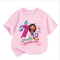 Gabbys Dollhouses Birthday Number T-shirt Girls White Pink Short Sleeve T-shirts Tops Cotton Summer Casual Party Supplies Tee 110 white