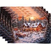4-Piece Winter Snow Scene Log Cabin Placemats Easy-Clean Christmas Family Feasts & Friends Gatherings Winter Table Decor 4PCS gray