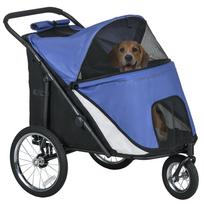 Dog Buggy, Foldable, Fold-Out Canopy, Cushion, Steel Frame, Blue/Black 111 x 70 x 97.5 cm mėlyna