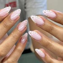 24pcs Almond Press on Nail Short False Nail with Flower Designs Glossy Stick on Nail Full Cover Acrylic Nail for Women 1 white