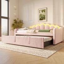 Dieninė sofa su ištraukiama lova, miegamoji sofa, viengulė lova (Be čiužinio), Dvigulė Lova, Aksomas, Spalvą Keičianti LED Juosta, 90x200cm(180x200 cm), Rožinis 211 x 186.5 x 82 cm rožinė