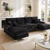 (Senas SKU:W1880S00025)Moderni didelė veliūrinė U formos kampinė sofa su dvigubomis atlošiamos dalimis svetainei, miegamajam, biurui, vilai, namams prie židinio 272 x 136 x 88 cm juoda
