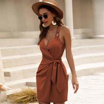 European and American summer Spice Girls Suspender Dress Women's V-Neck Waist Lace-up Waist Skinny Holiday Skirt XS ruda