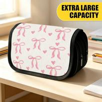 Double Layer Large Pencil Case, Vibrant Printed Pencil Pouch with Pink Bow Tiny Heart Stripes Design, Fashion Storage Bag, Portable Pencil Case with Z 20x9x11cm white