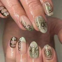 24Pcs Green Cat Eye French Press On Nails With 3D Metal Line Sun Design Short Almond Full Cover Artificial Nails black